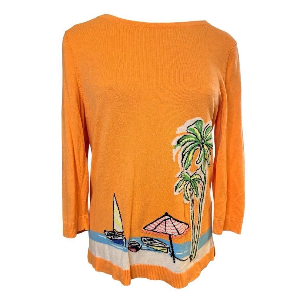 Talbots Orange 109% Cotton Knit Sweater Large Tropical Scene Vacation Resort
